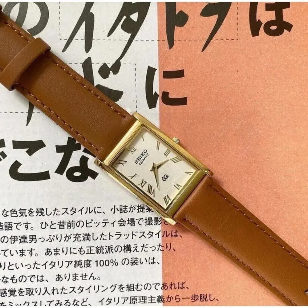 Vintage Style Seiko Quartz Mens Gold Watch & White accents W/ Leather Strap